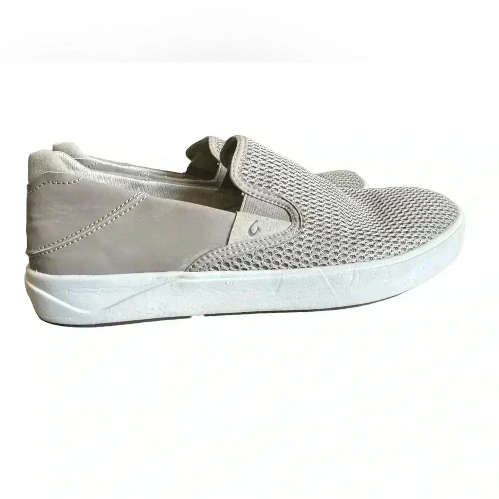 Olukai Pehuea Clay Khaki Green Perforated Textile Round Toe Slip On Sneakers